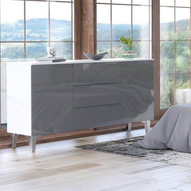 Santino Grey High Gloss and White 2-Door 3-Drawer Wide Sideboard for Modern Interiors - UK Luxury Furniture